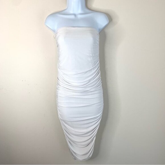 Pretty Little Thing Women's Midi Dress Tube Ruched Side Strapless White Draped - Picture 3 of 12